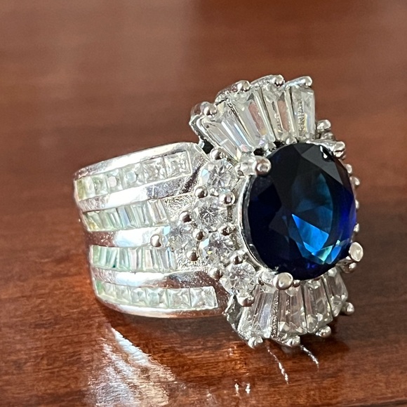 White Gold Plated Blue Sapphire Diamond Crown Simulated Ring - Picture 11 of 14